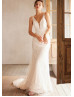 Plunging Neck Ivory Lace Tulle Rustic Wedding Dress